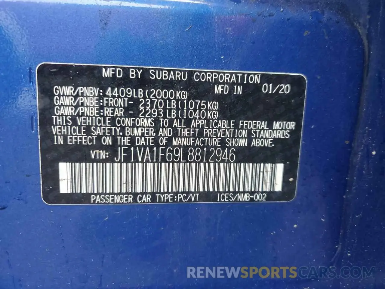 12 fotografías del automóvil dañado JF1VA1F69L8812946 SUBARU WRX 2020