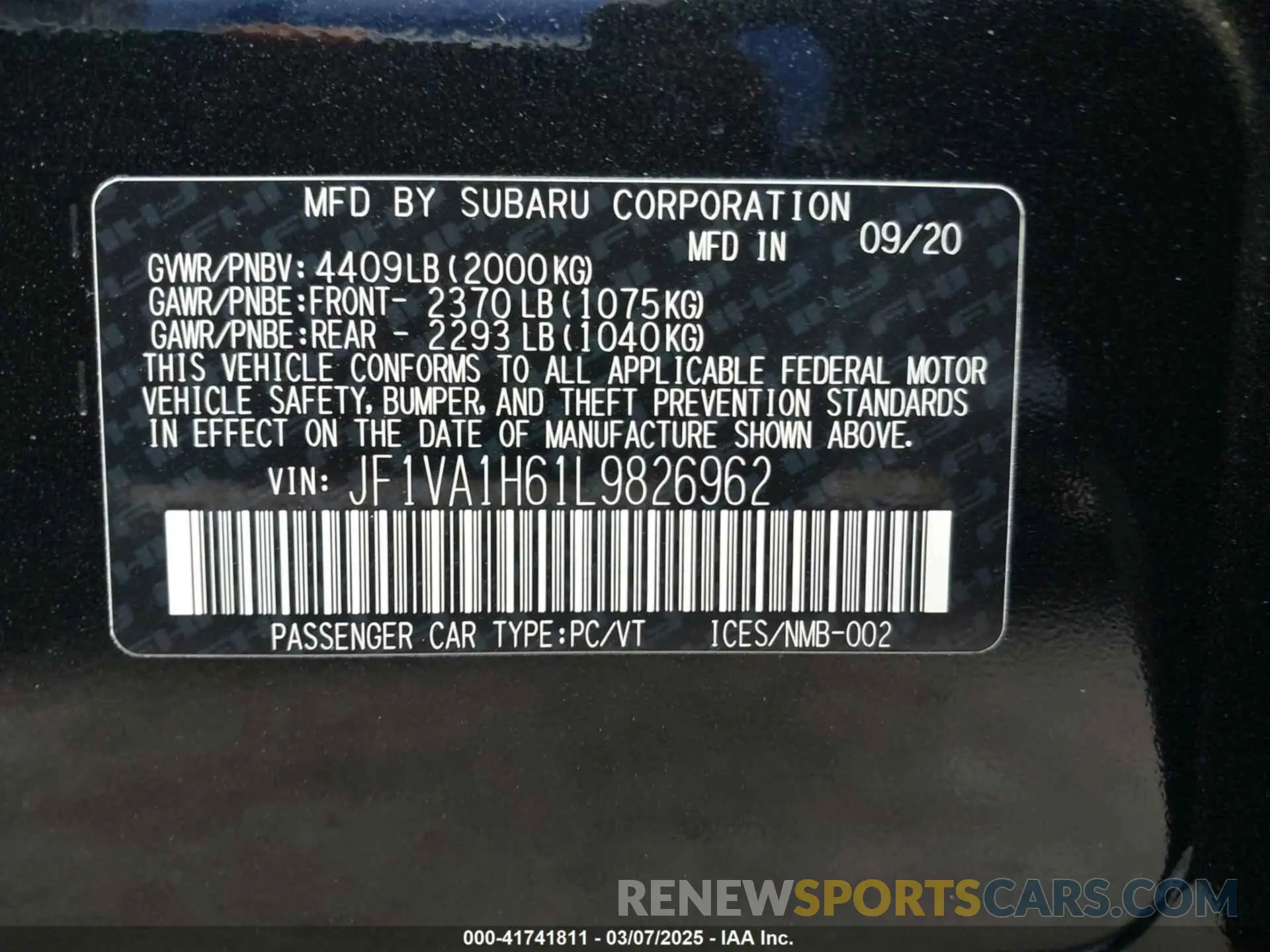 9 fotografías del automóvil dañado JF1VA1H61L9826962 SUBARU WRX 2020