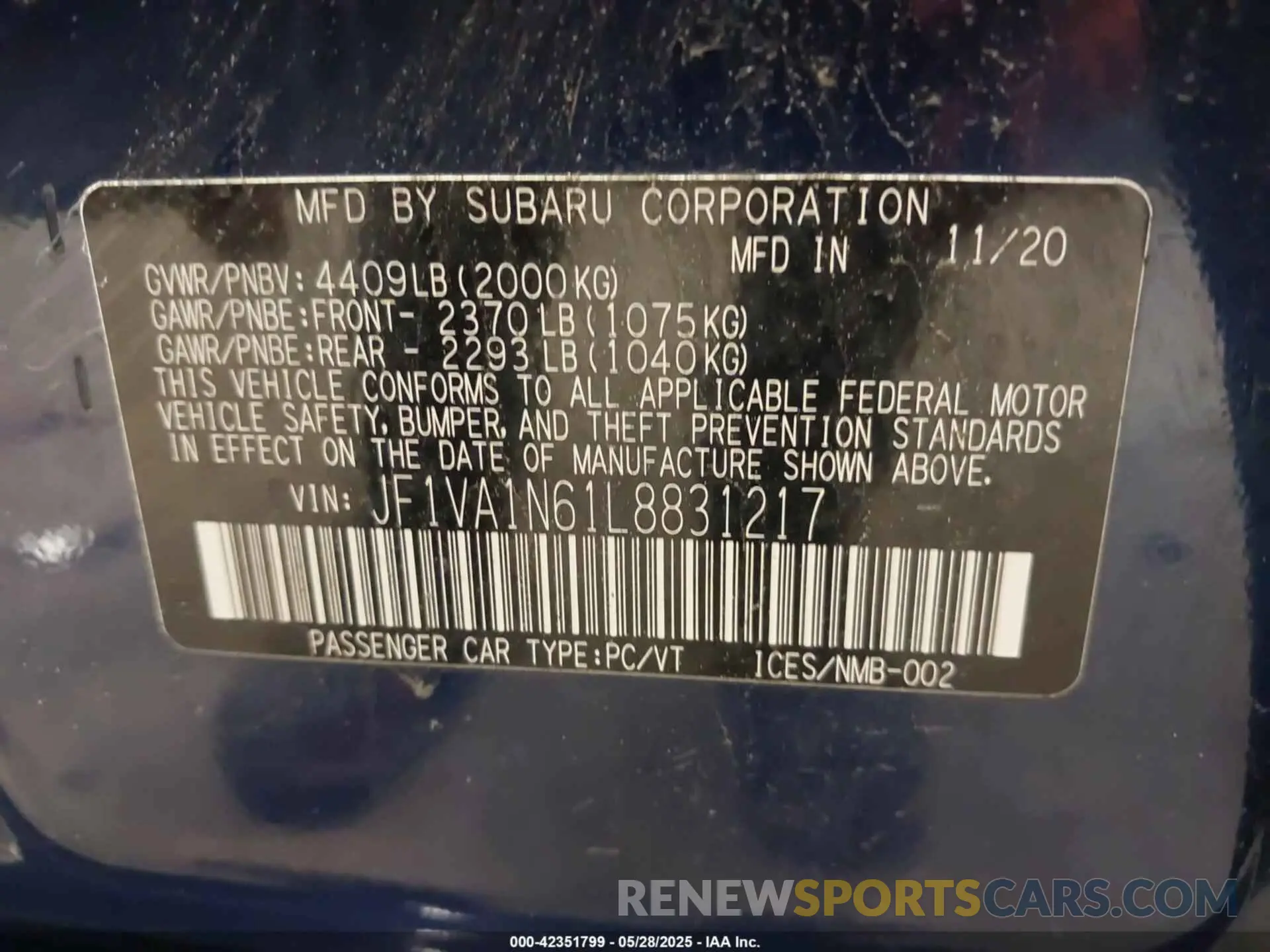 9 fotografías del automóvil dañado JF1VA1N61L8831217 SUBARU WRX 2020