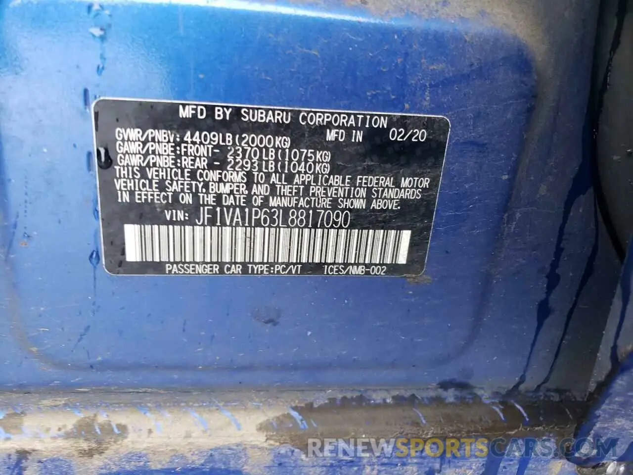 12 fotografías del automóvil dañado JF1VA1P63L8817090 SUBARU WRX 2020