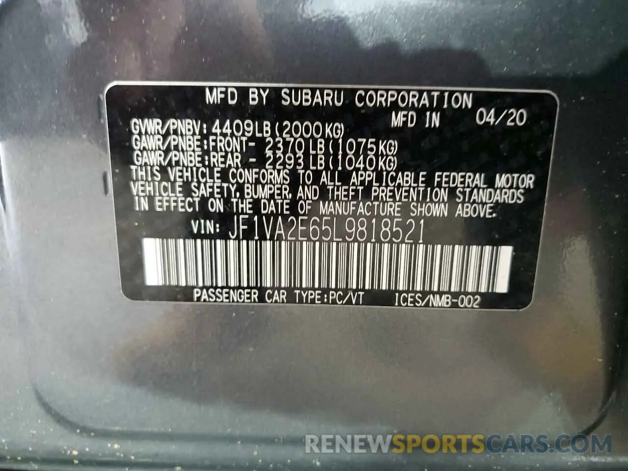 12 fotografías del automóvil dañado JF1VA2E65L9818521 SUBARU WRX 2020