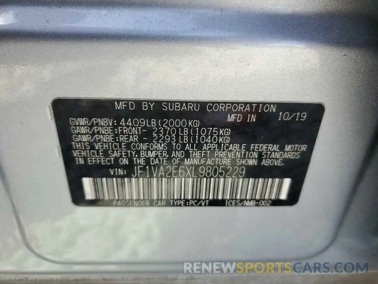 12 fotografías del automóvil dañado JF1VA2E6XL9805229 SUBARU WRX 2020
