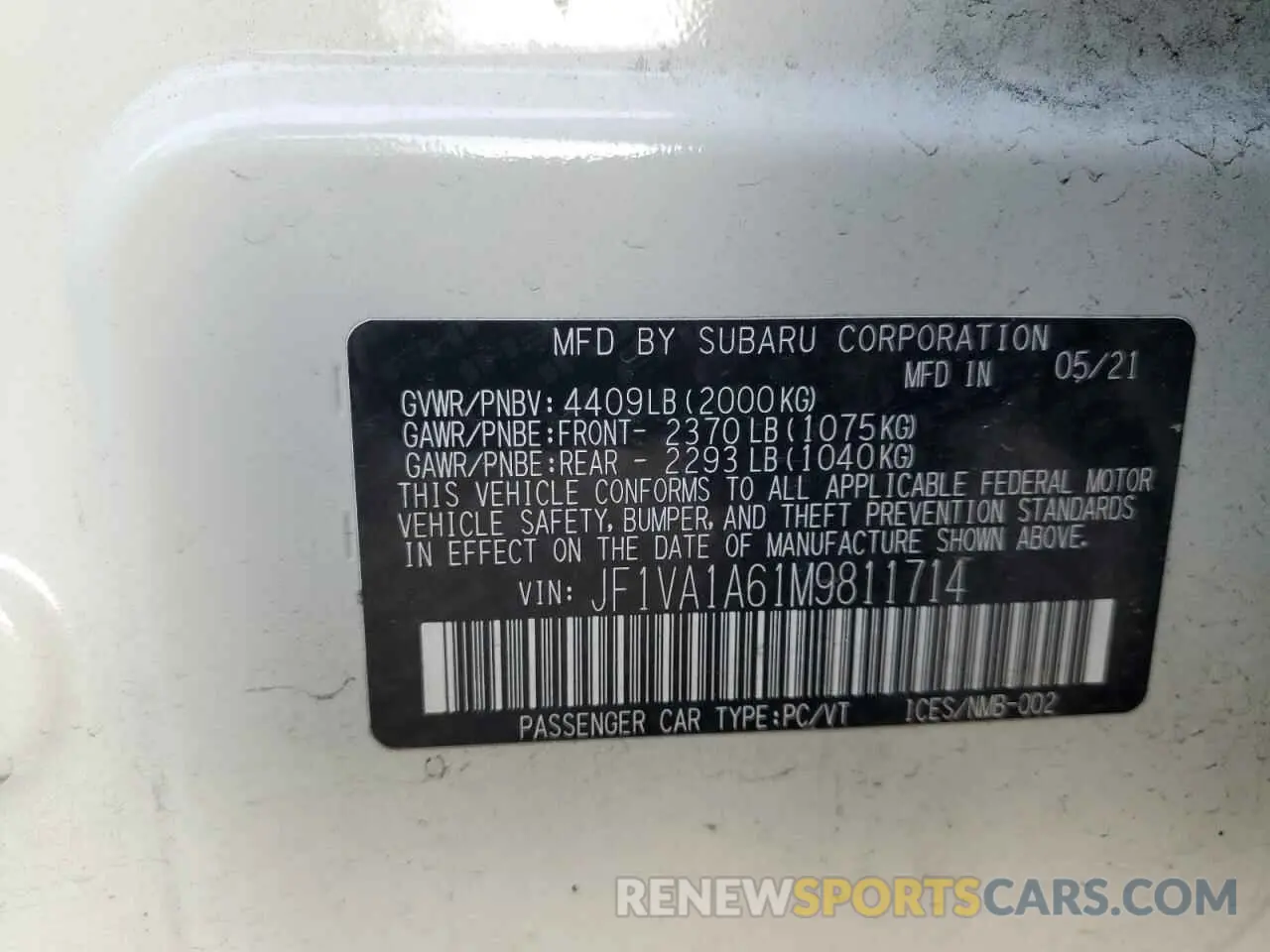 12 fotografías del automóvil dañado JF1VA1A61M9811714 SUBARU WRX 2021