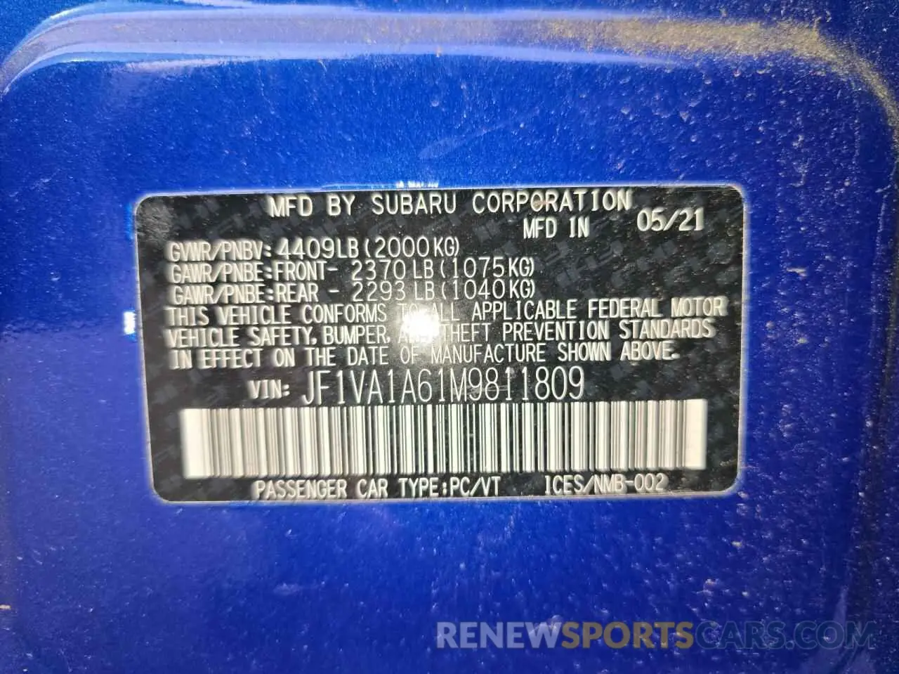 10 fotografías del automóvil dañado JF1VA1A61M9811809 SUBARU WRX 2021