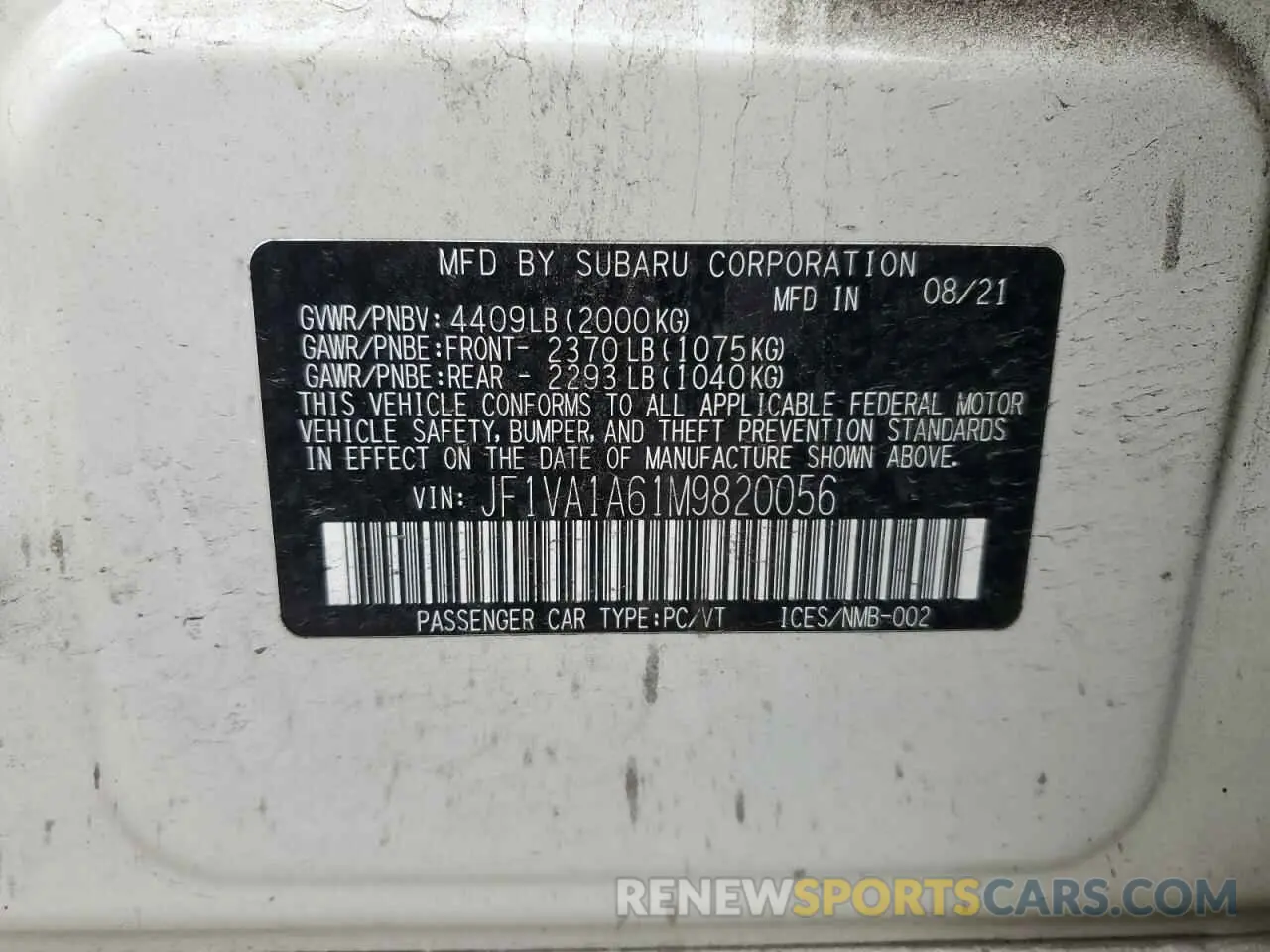 14 fotografías del automóvil dañado JF1VA1A61M9820056 SUBARU WRX 2021