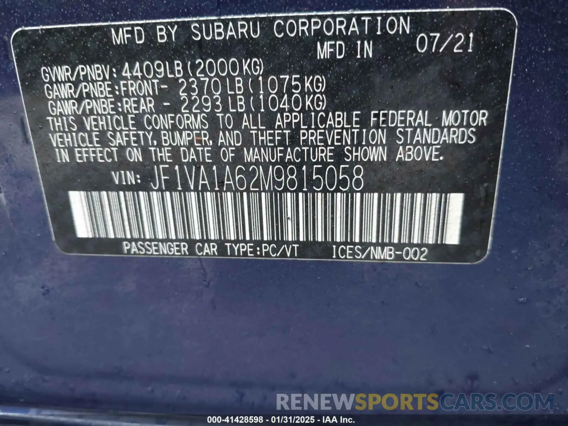 9 fotografías del automóvil dañado JF1VA1A62M9815058 SUBARU WRX 2021