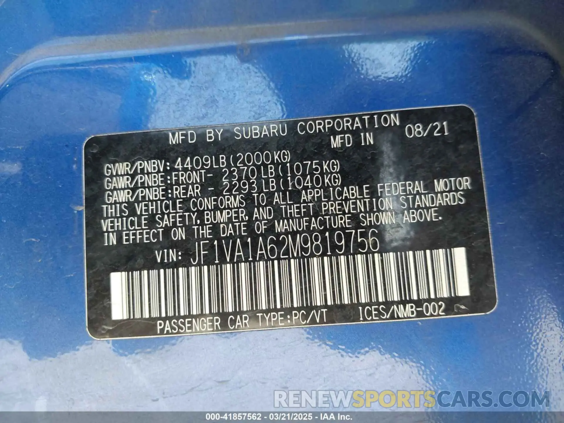 9 fotografías del automóvil dañado JF1VA1A62M9819756 SUBARU WRX 2021