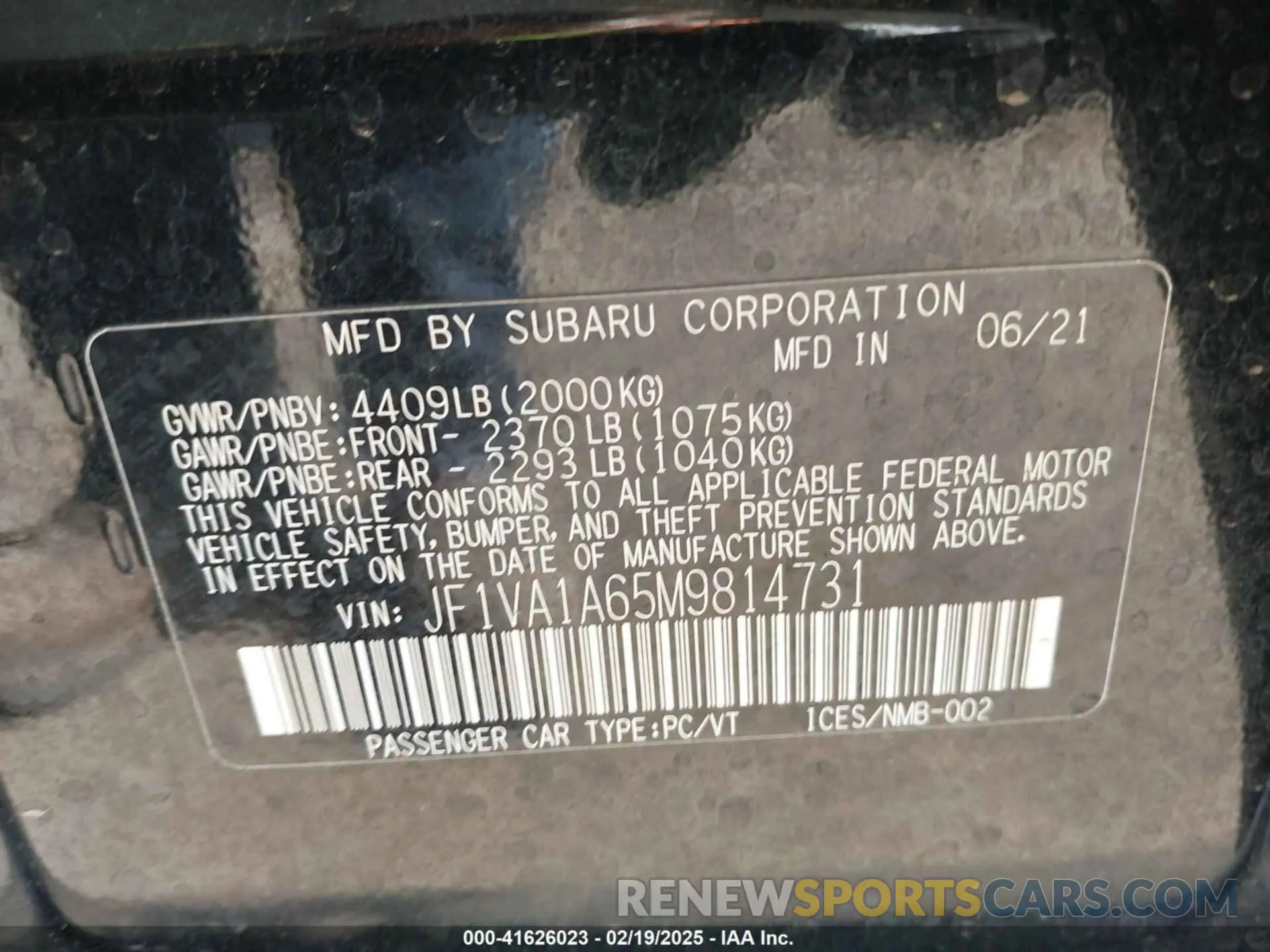 9 fotografías del automóvil dañado JF1VA1A65M9814731 SUBARU WRX 2021