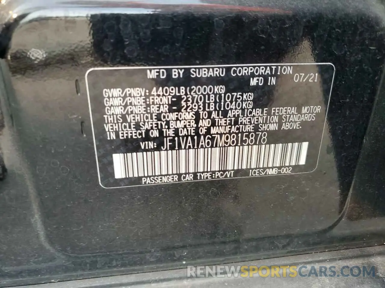12 fotografías del automóvil dañado JF1VA1A67M9815878 SUBARU WRX 2021