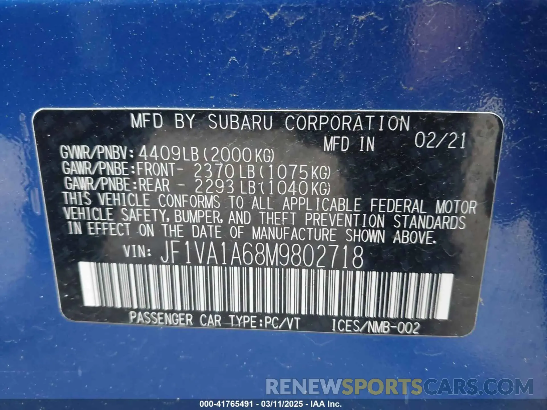 9 fotografías del automóvil dañado JF1VA1A68M9802718 SUBARU WRX 2021