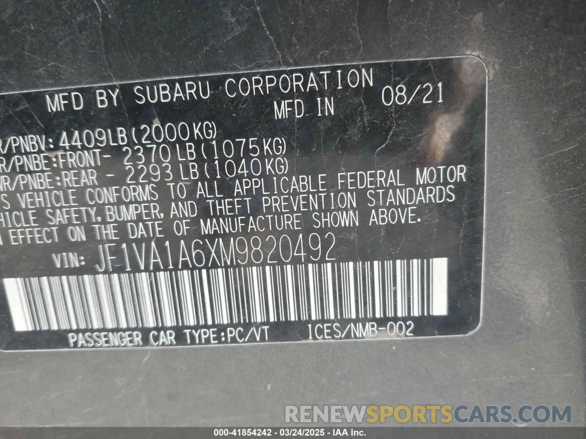9 fotografías del automóvil dañado JF1VA1A6XM9820492 SUBARU WRX 2021