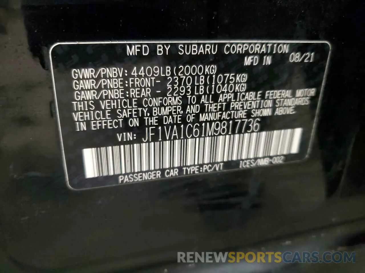 13 fotografías del automóvil dañado JF1VA1C61M9817736 SUBARU WRX 2021