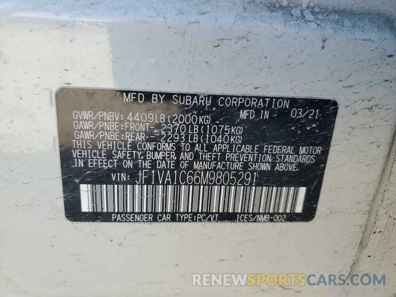 14 fotografías del automóvil dañado JF1VA1C66M9805291 SUBARU WRX 2021
