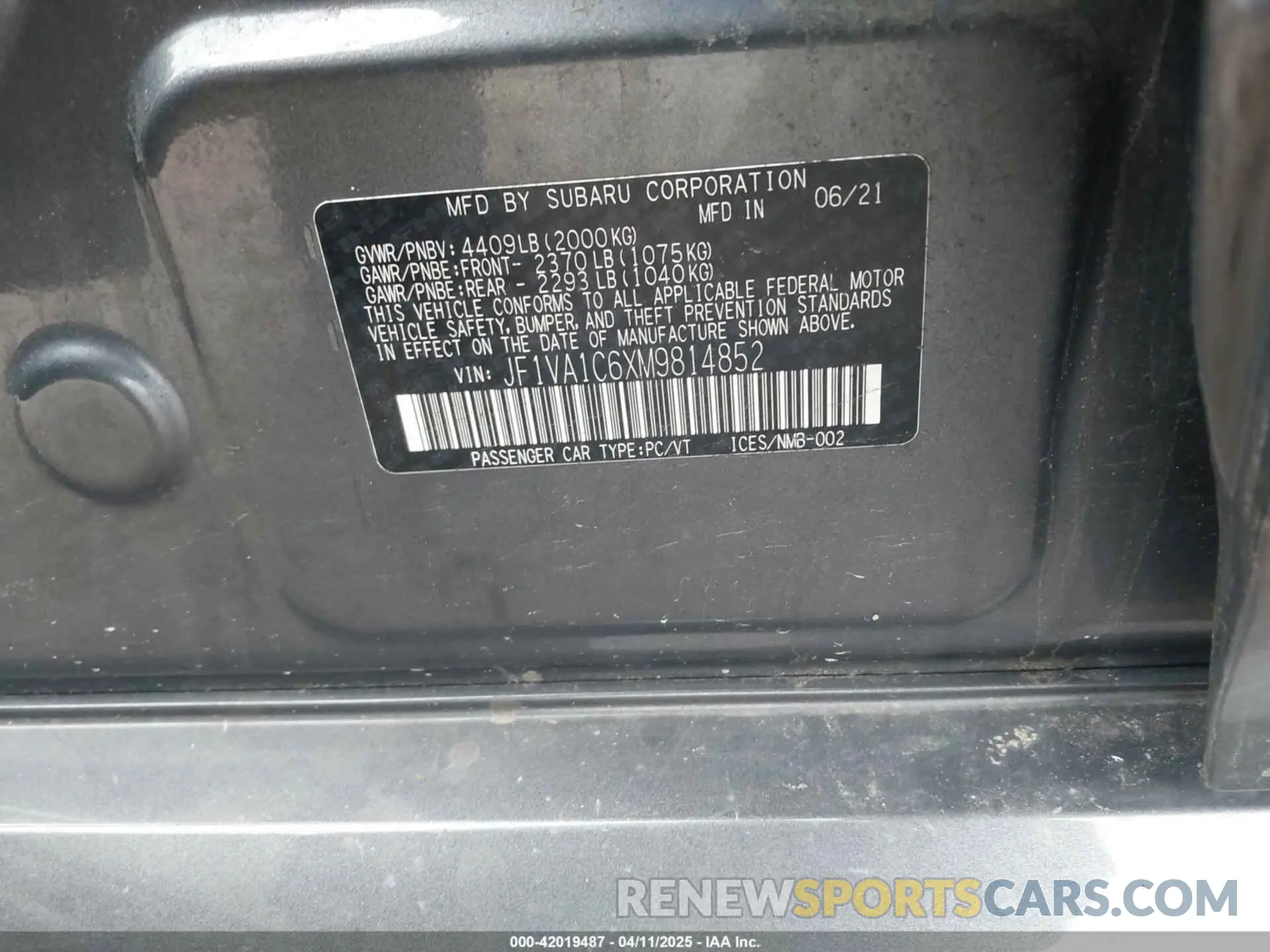 9 fotografías del automóvil dañado JF1VA1C6XM9814852 SUBARU WRX 2021