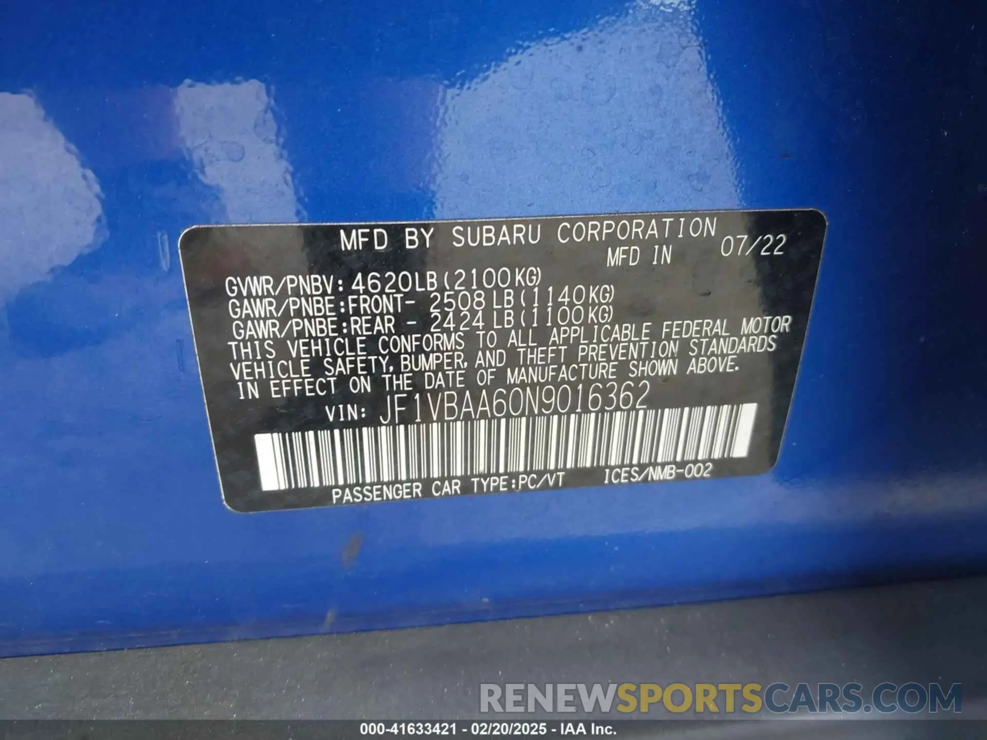 9 fotografías del automóvil dañado JF1VBAA60N9016362 SUBARU WRX 2022