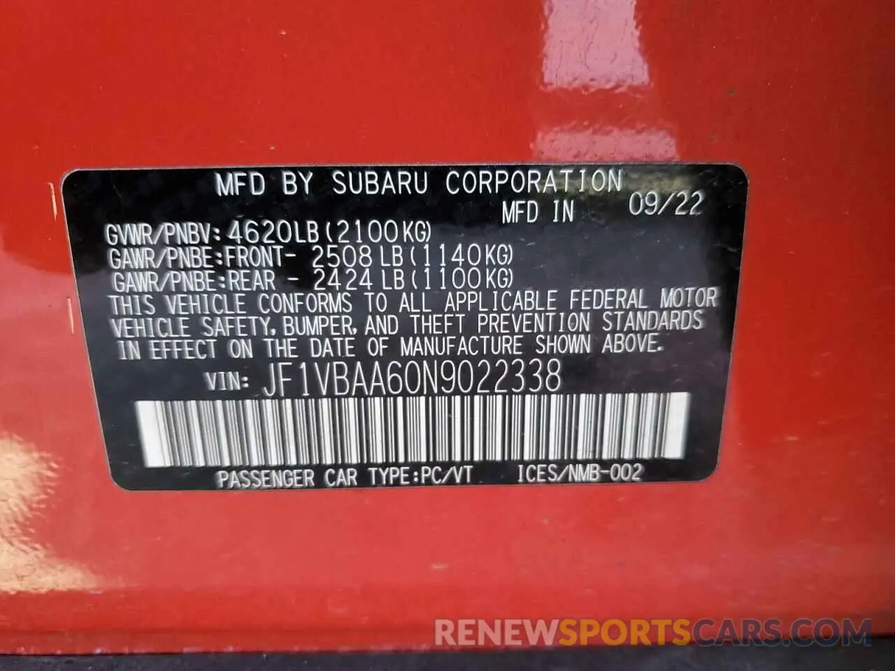 12 fotografías del automóvil dañado JF1VBAA60N9022338 SUBARU WRX 2022