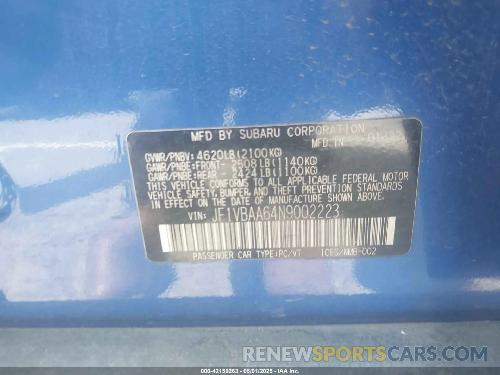 9 fotografías del automóvil dañado JF1VBAA64N9002223 SUBARU WRX 2022