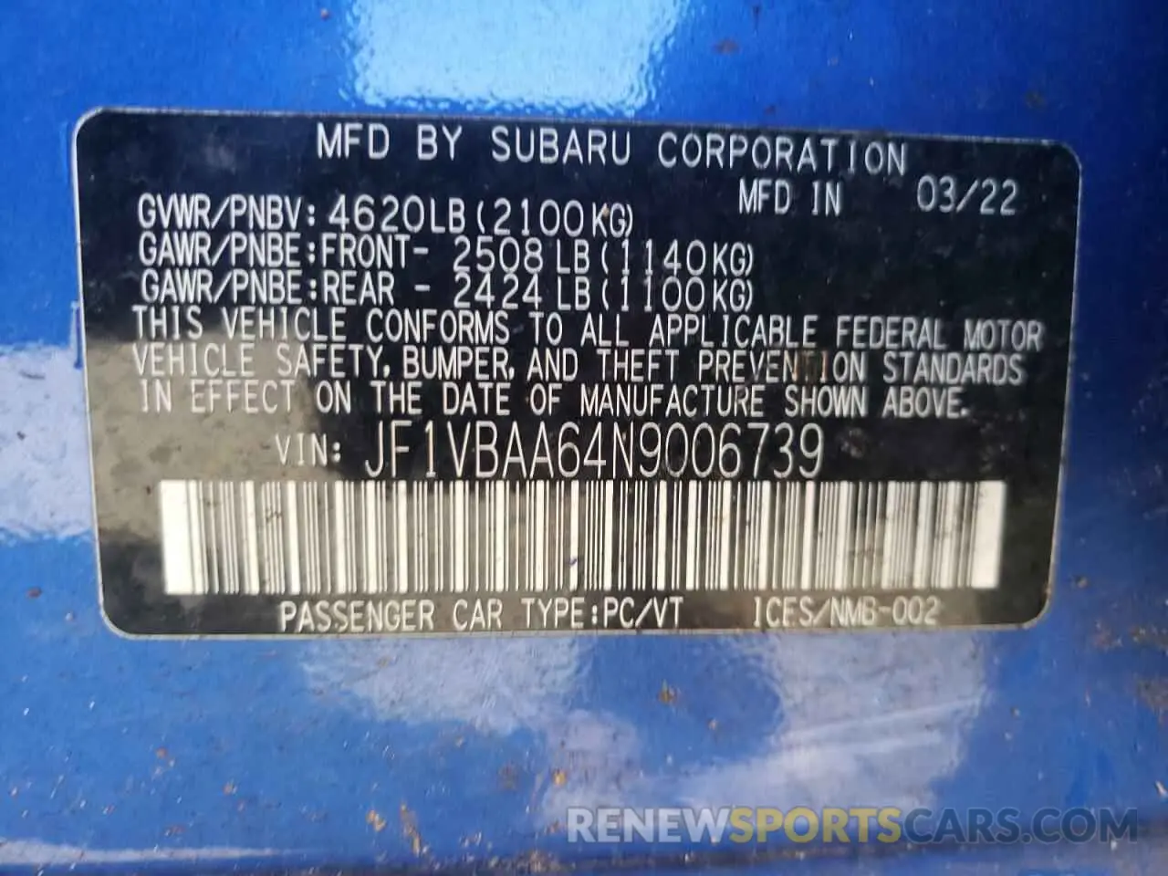 12 fotografías del automóvil dañado JF1VBAA64N9006739 SUBARU WRX 2022