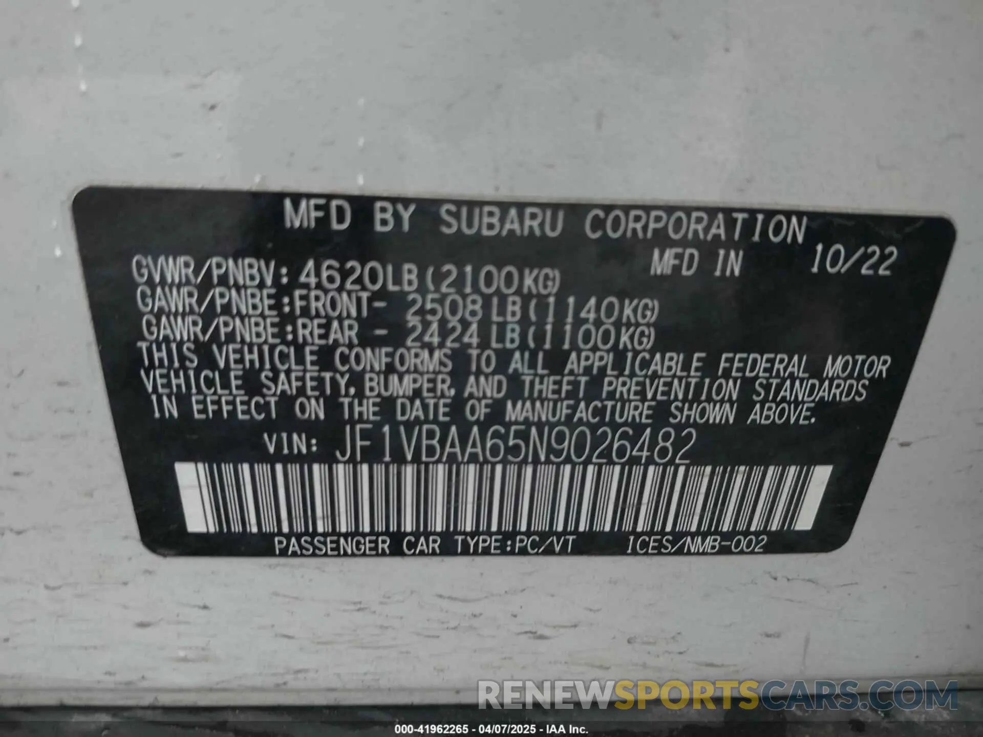 9 fotografías del automóvil dañado JF1VBAA65N9026482 SUBARU WRX 2022