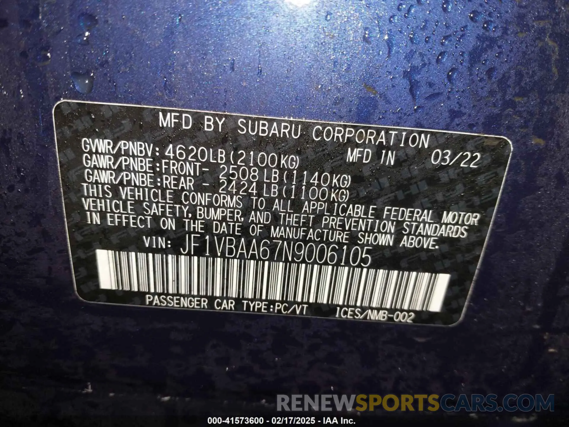 9 fotografías del automóvil dañado JF1VBAA67N9006105 SUBARU WRX 2022