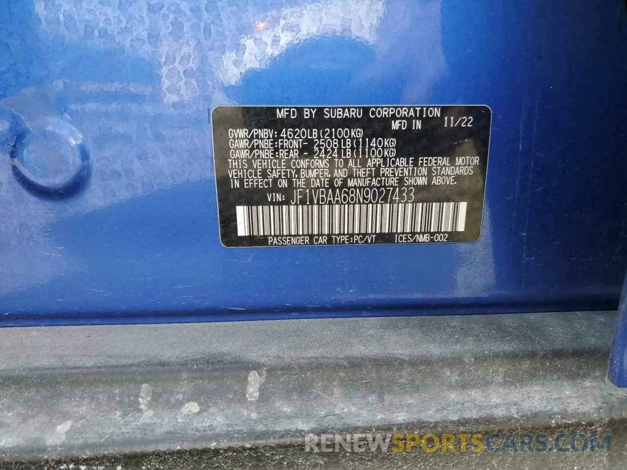 13 fotografías del automóvil dañado JF1VBAA68N9027433 SUBARU WRX 2022