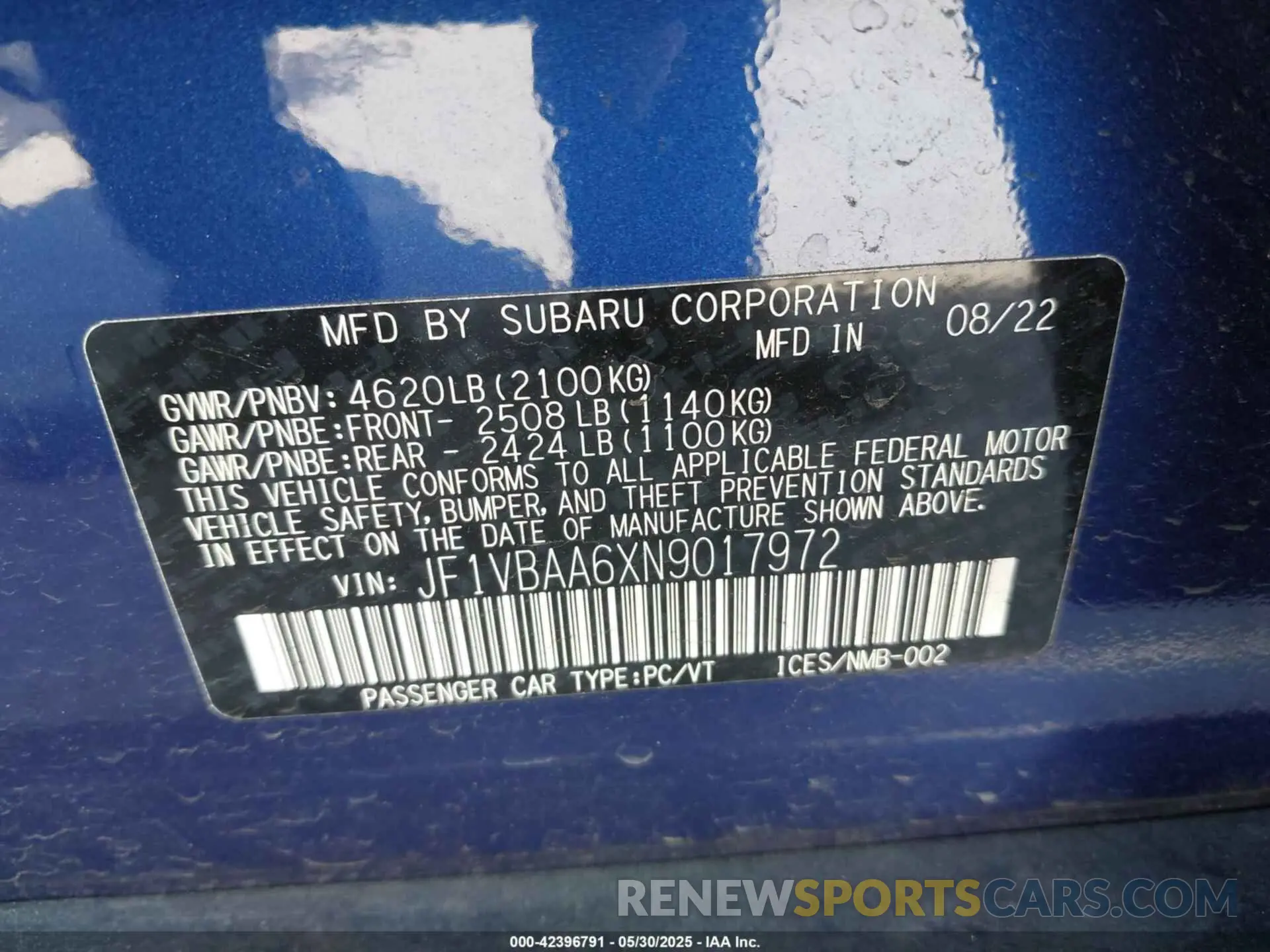 9 fotografías del automóvil dañado JF1VBAA6XN9017972 SUBARU WRX 2022