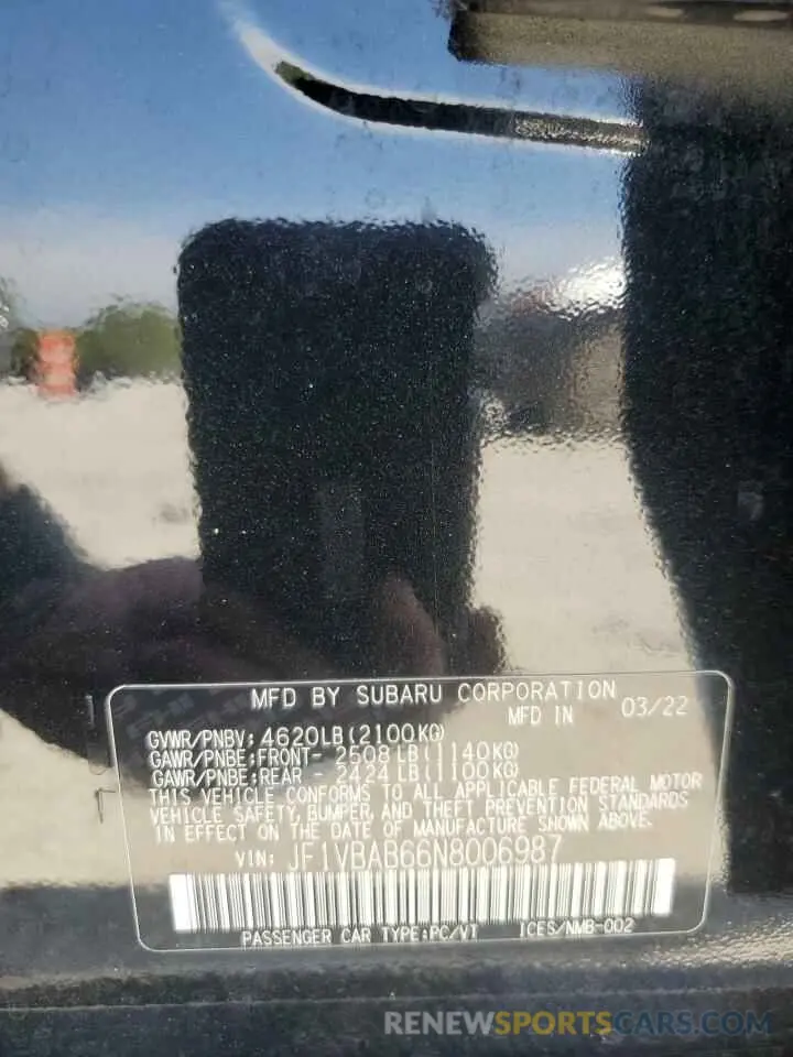 12 fotografías del automóvil dañado JF1VBAB66N8006987 SUBARU WRX 2022