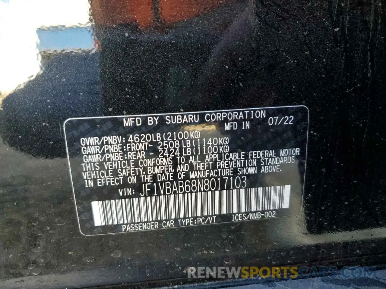 12 fotografías del automóvil dañado JF1VBAB68N8017103 SUBARU WRX 2022