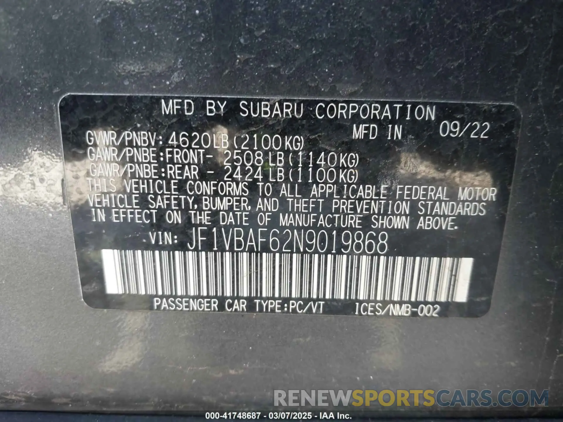 9 fotografías del automóvil dañado JF1VBAF62N9019868 SUBARU WRX 2022