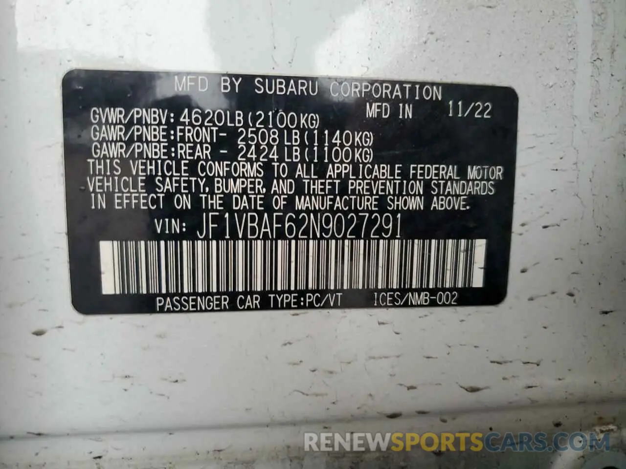 14 fotografías del automóvil dañado JF1VBAF62N9027291 SUBARU WRX 2022