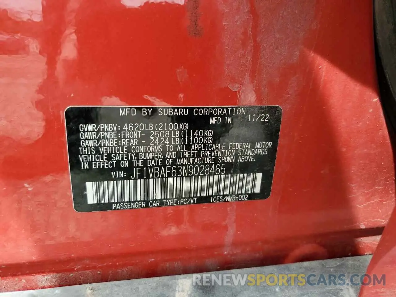 12 fotografías del automóvil dañado JF1VBAF63N9028465 SUBARU WRX 2022