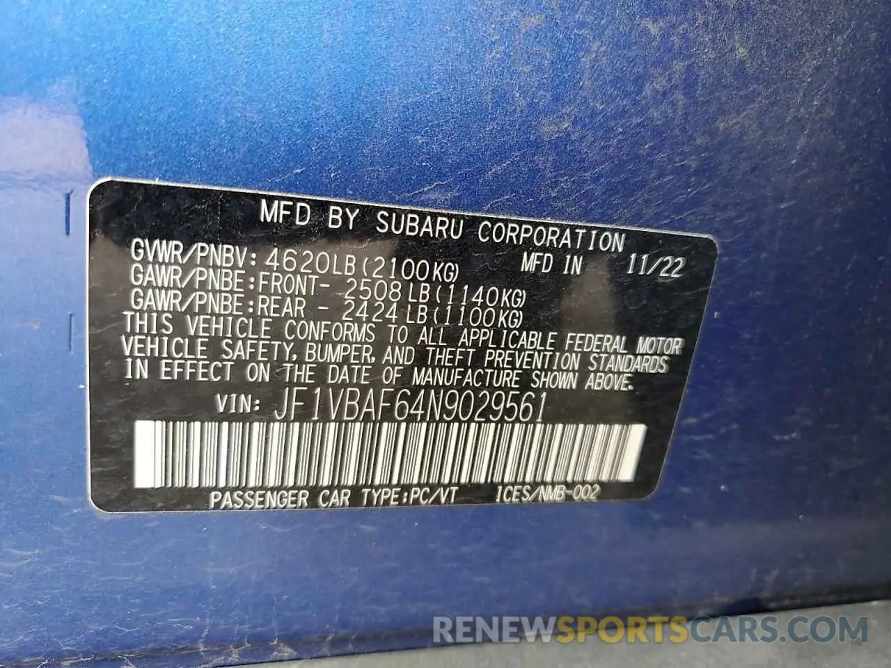 12 fotografías del automóvil dañado JF1VBAF64N9029561 SUBARU WRX 2022