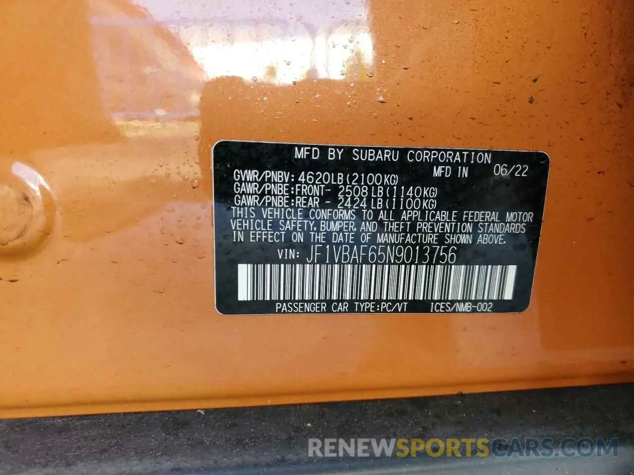 12 fotografías del automóvil dañado JF1VBAF65N9013756 SUBARU WRX 2022
