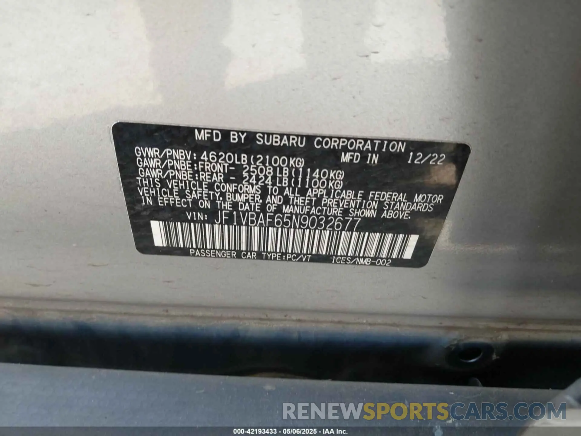 9 fotografías del automóvil dañado JF1VBAF65N9032677 SUBARU WRX 2022