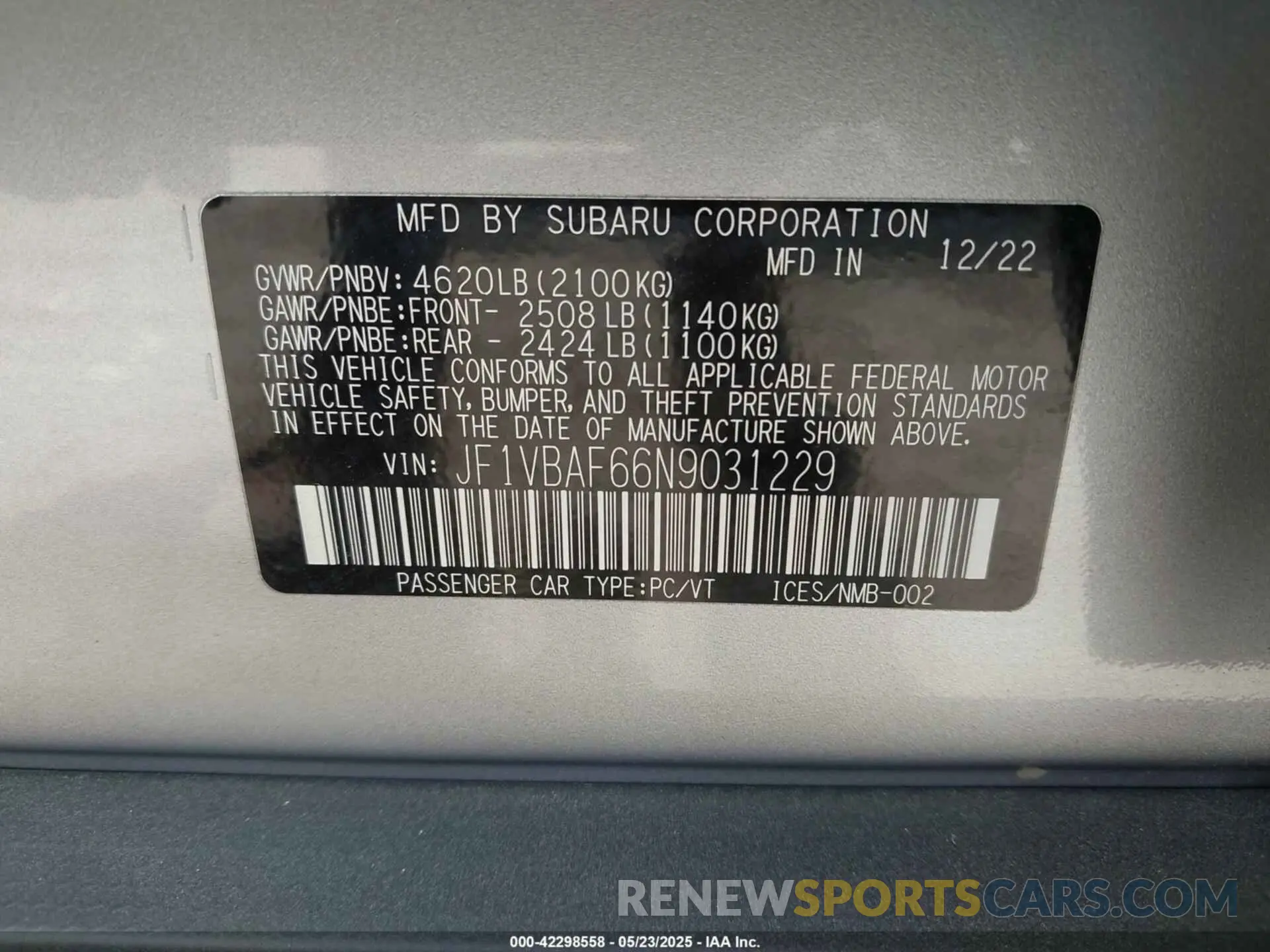 9 fotografías del automóvil dañado JF1VBAF66N9031229 SUBARU WRX 2022