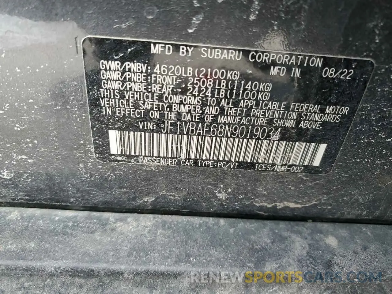 14 fotografías del automóvil dañado JF1VBAF68N9019034 SUBARU WRX 2022