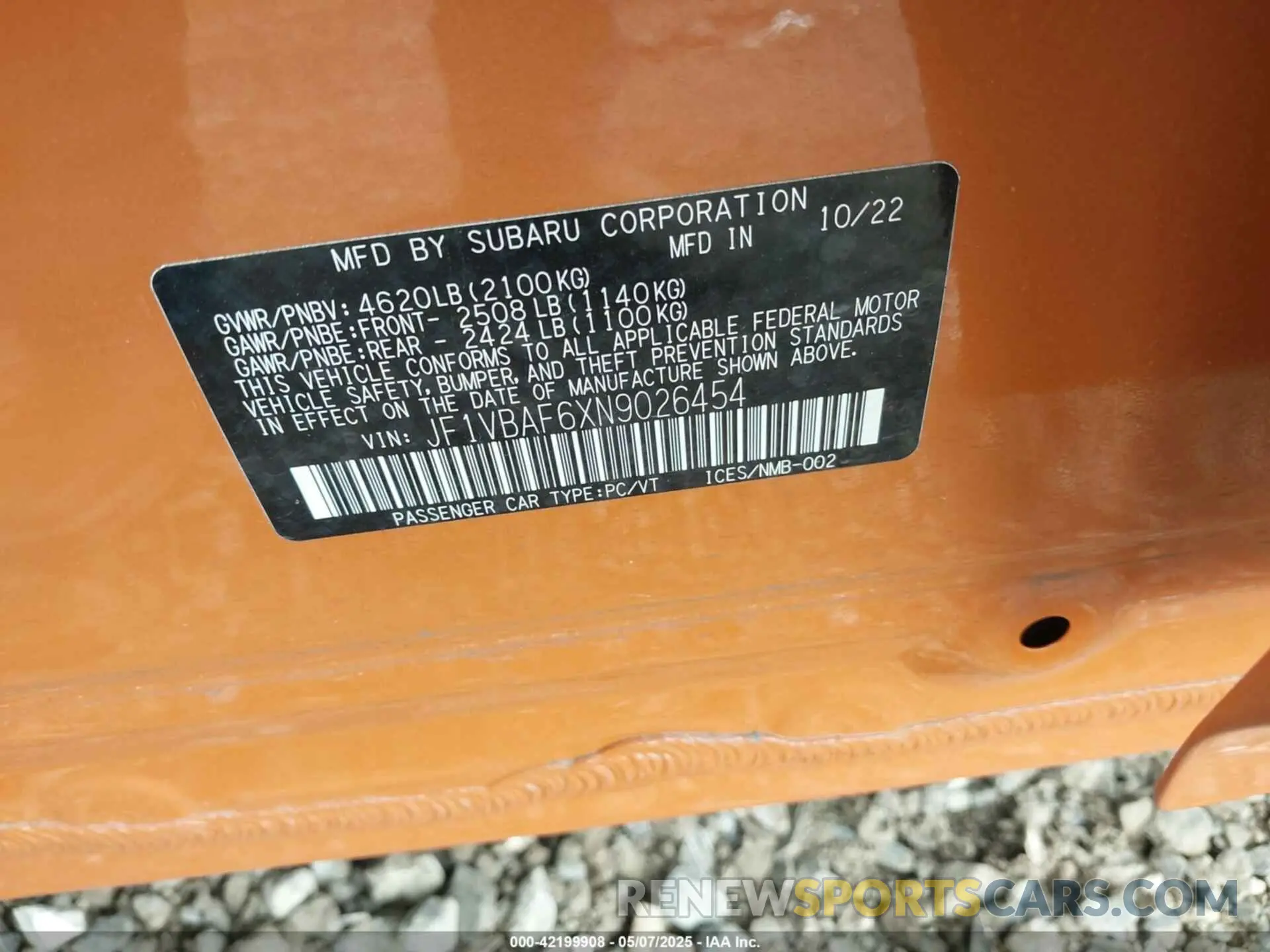 9 fotografías del automóvil dañado JF1VBAF6XN9026454 SUBARU WRX 2022
