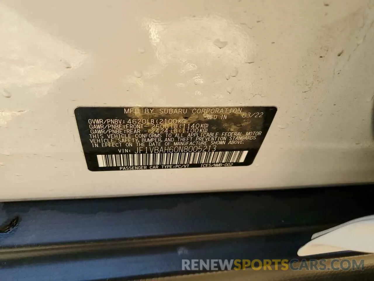 12 fotografías del automóvil dañado JF1VBAH60N8005213 SUBARU WRX 2022