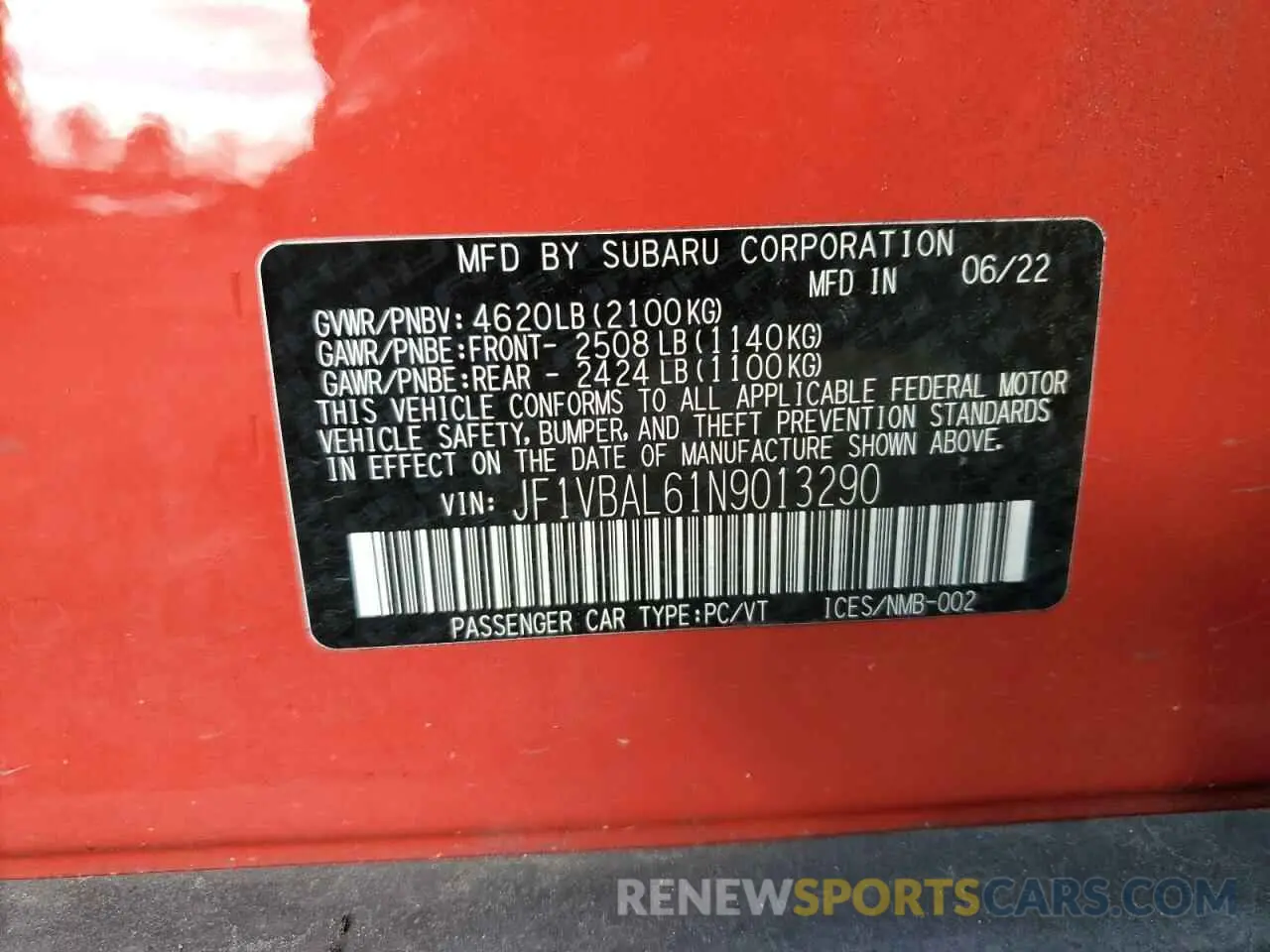 15 fotografías del automóvil dañado JF1VBAL61N9013290 SUBARU WRX 2022