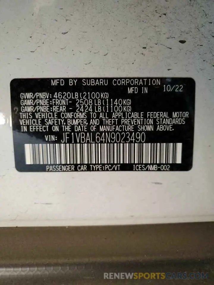 12 fotografías del automóvil dañado JF1VBAL64N9023490 SUBARU WRX 2022