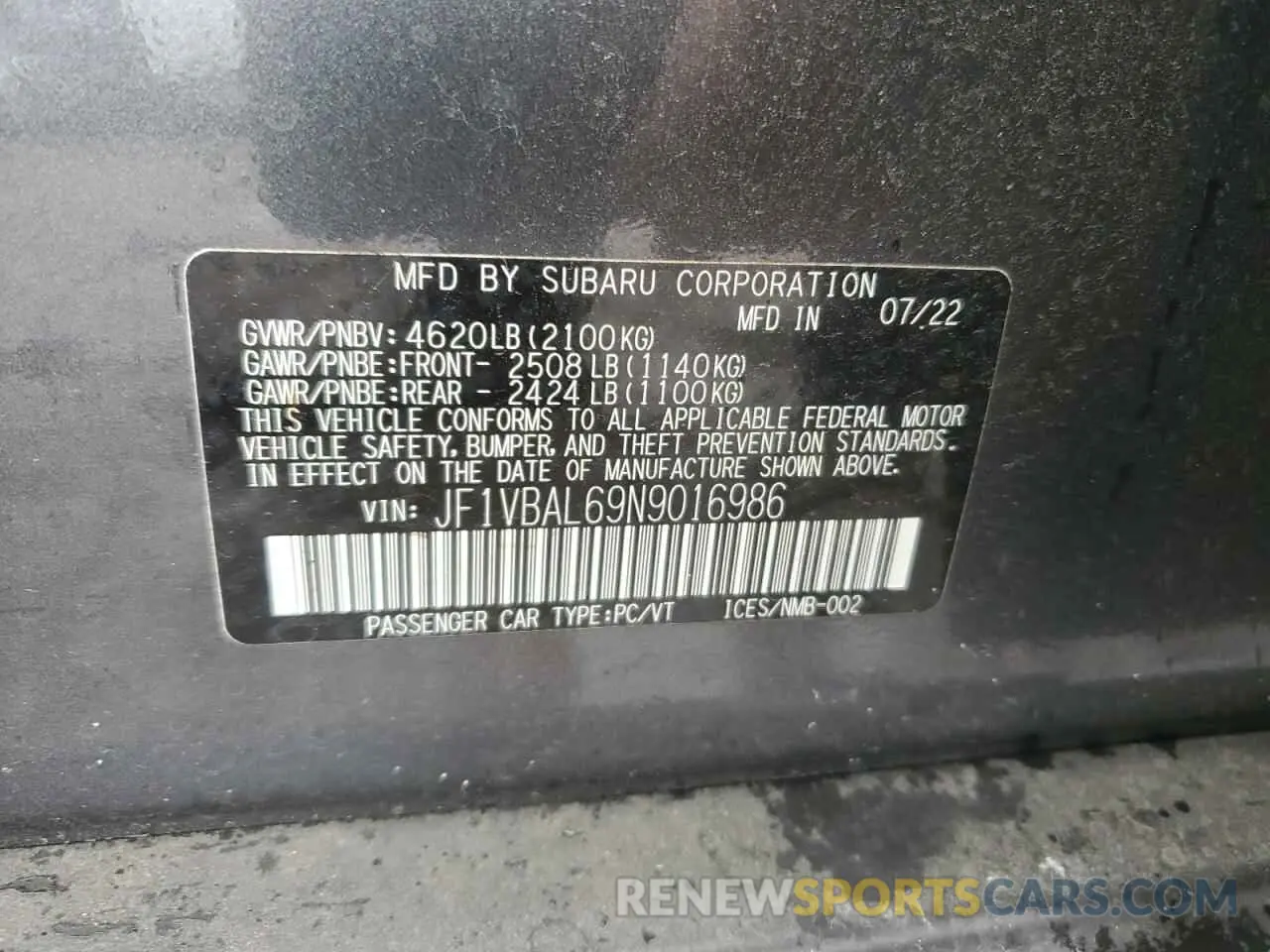 12 fotografías del automóvil dañado JF1VBAL69N9016986 SUBARU WRX 2022