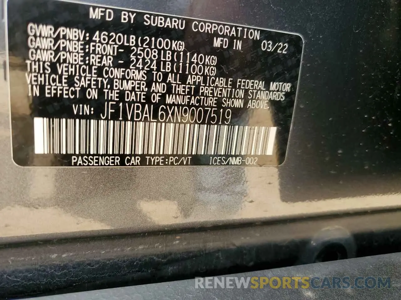12 fotografías del automóvil dañado JF1VBAL6XN9007519 SUBARU WRX 2022