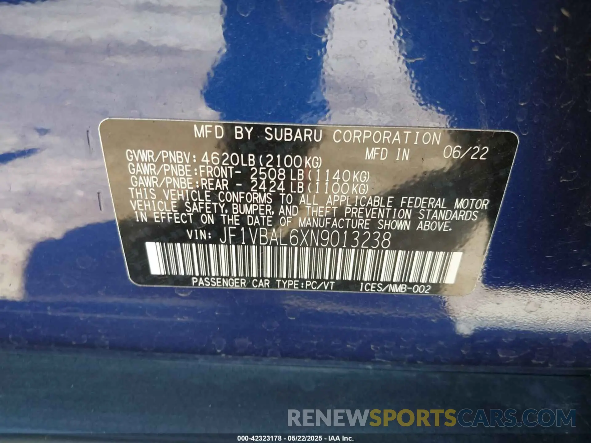 9 fotografías del automóvil dañado JF1VBAL6XN9013238 SUBARU WRX 2022