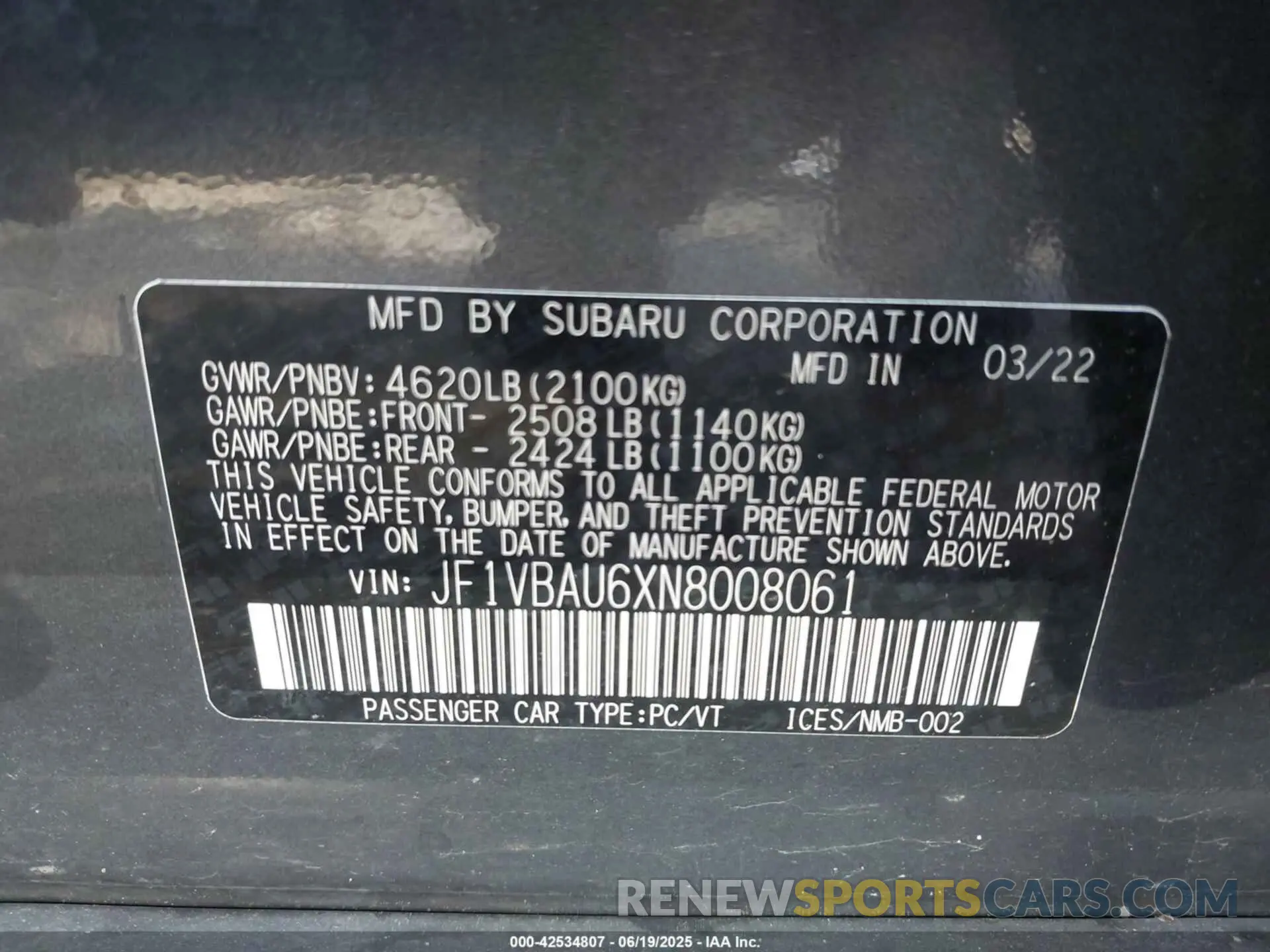 9 fotografías del automóvil dañado JF1VBAU6XN8008061 SUBARU WRX 2022