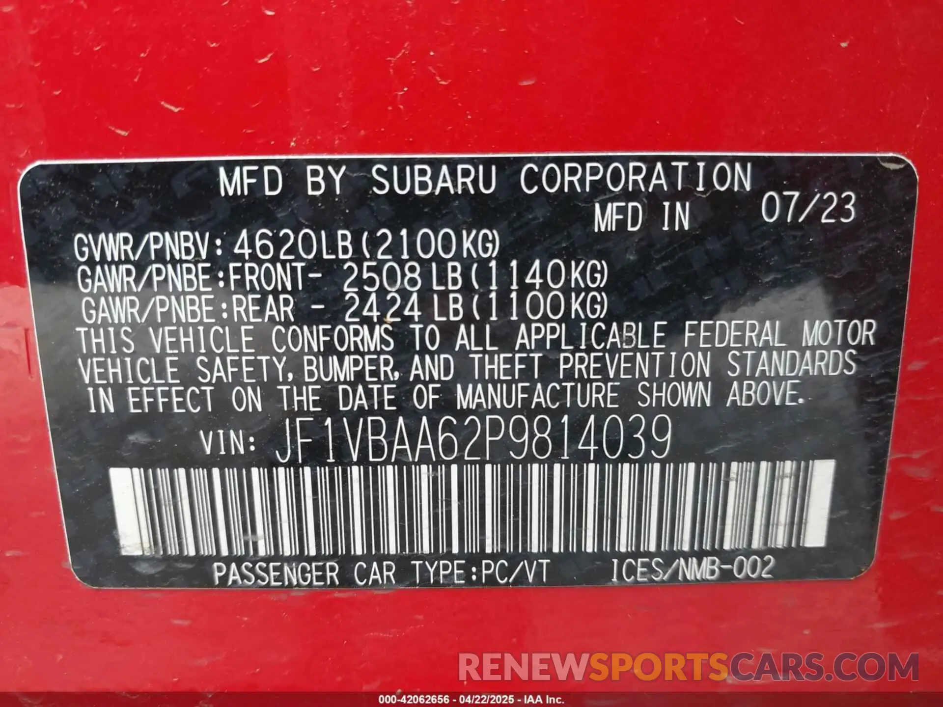 9 fotografías del automóvil dañado JF1VBAA62P9814039 SUBARU WRX 2023