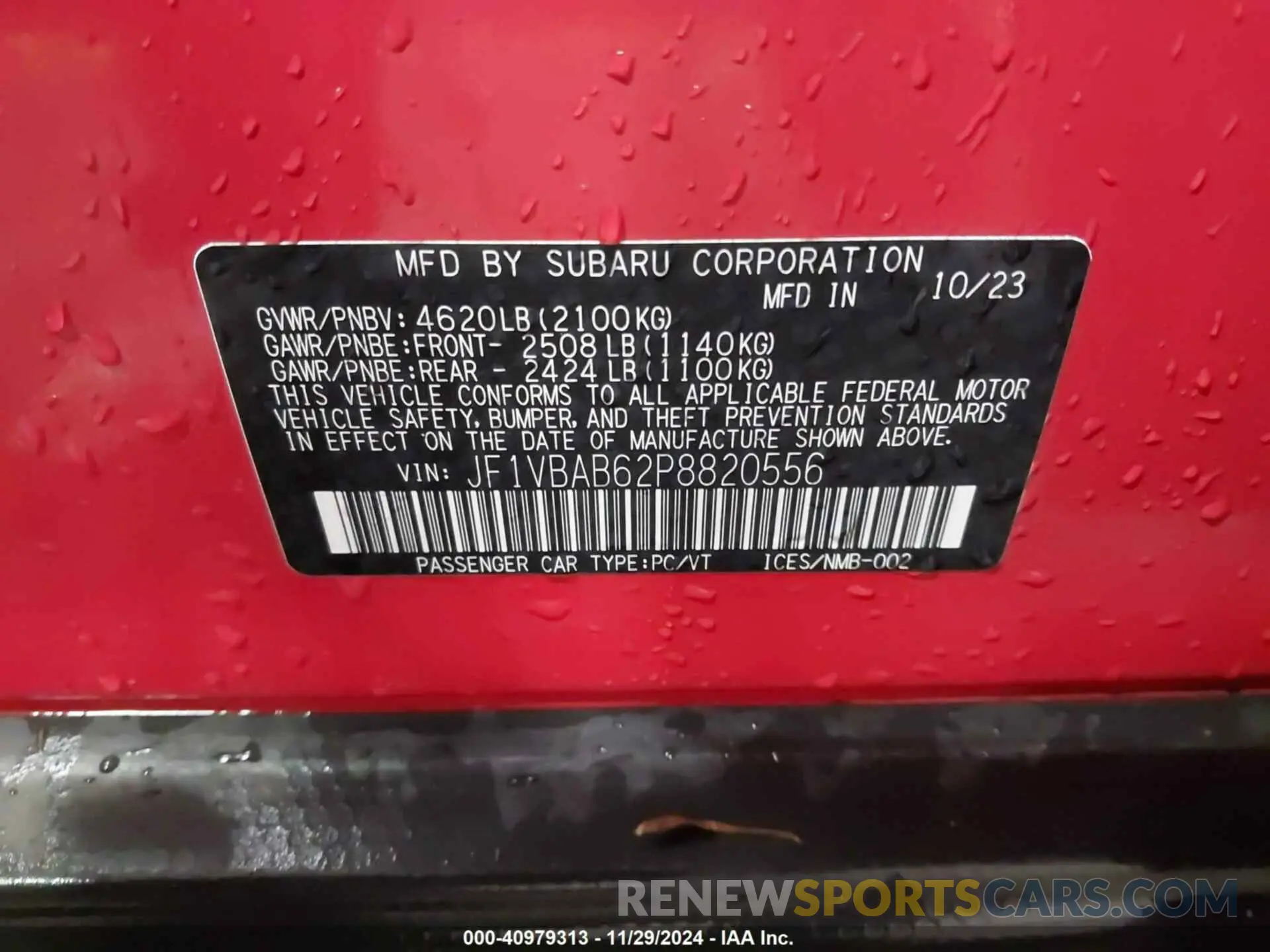 9 fotografías del automóvil dañado JF1VBAB62P8820556 SUBARU WRX 2023