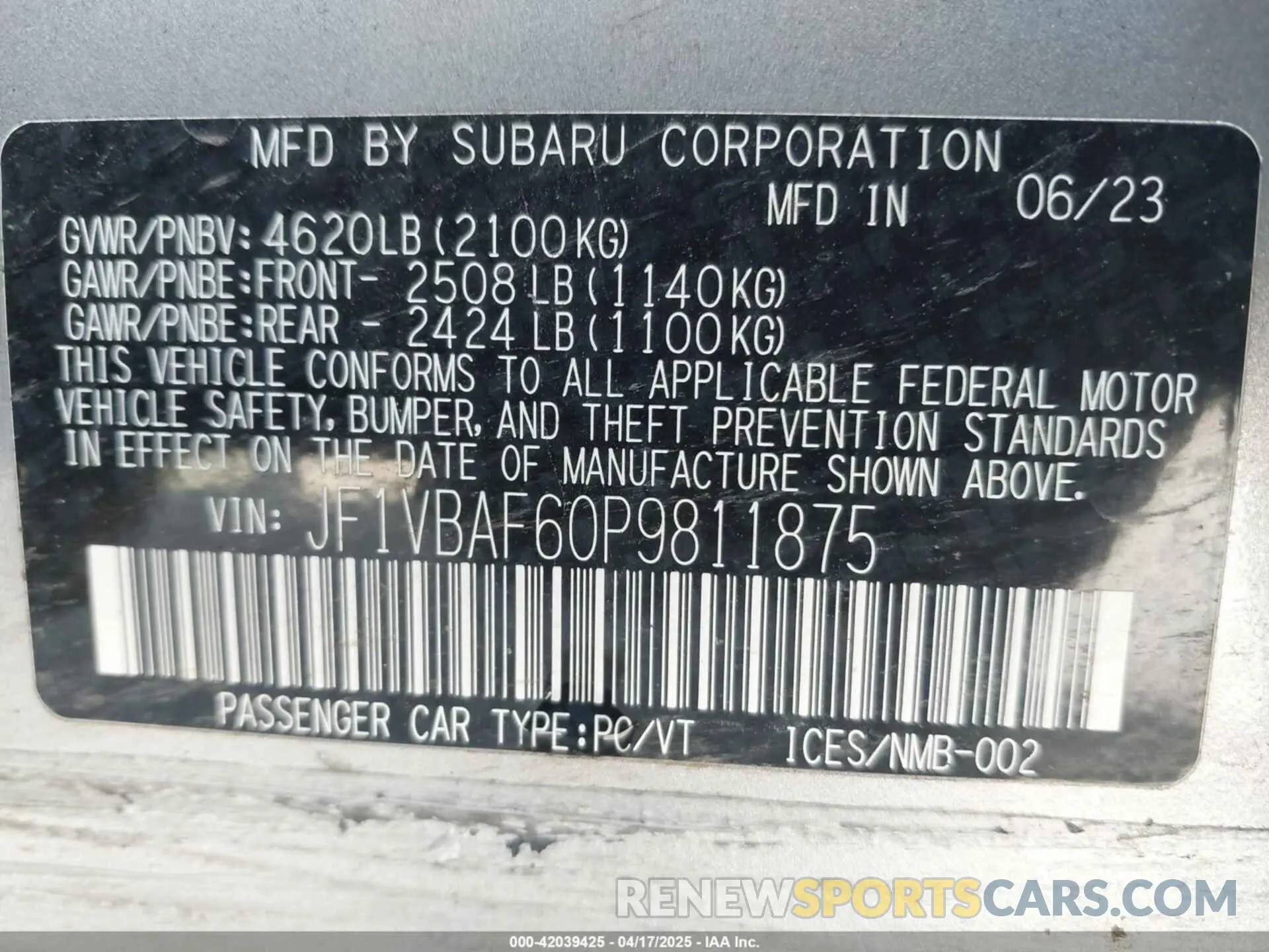 9 fotografías del automóvil dañado JF1VBAF60P9811875 SUBARU WRX 2023