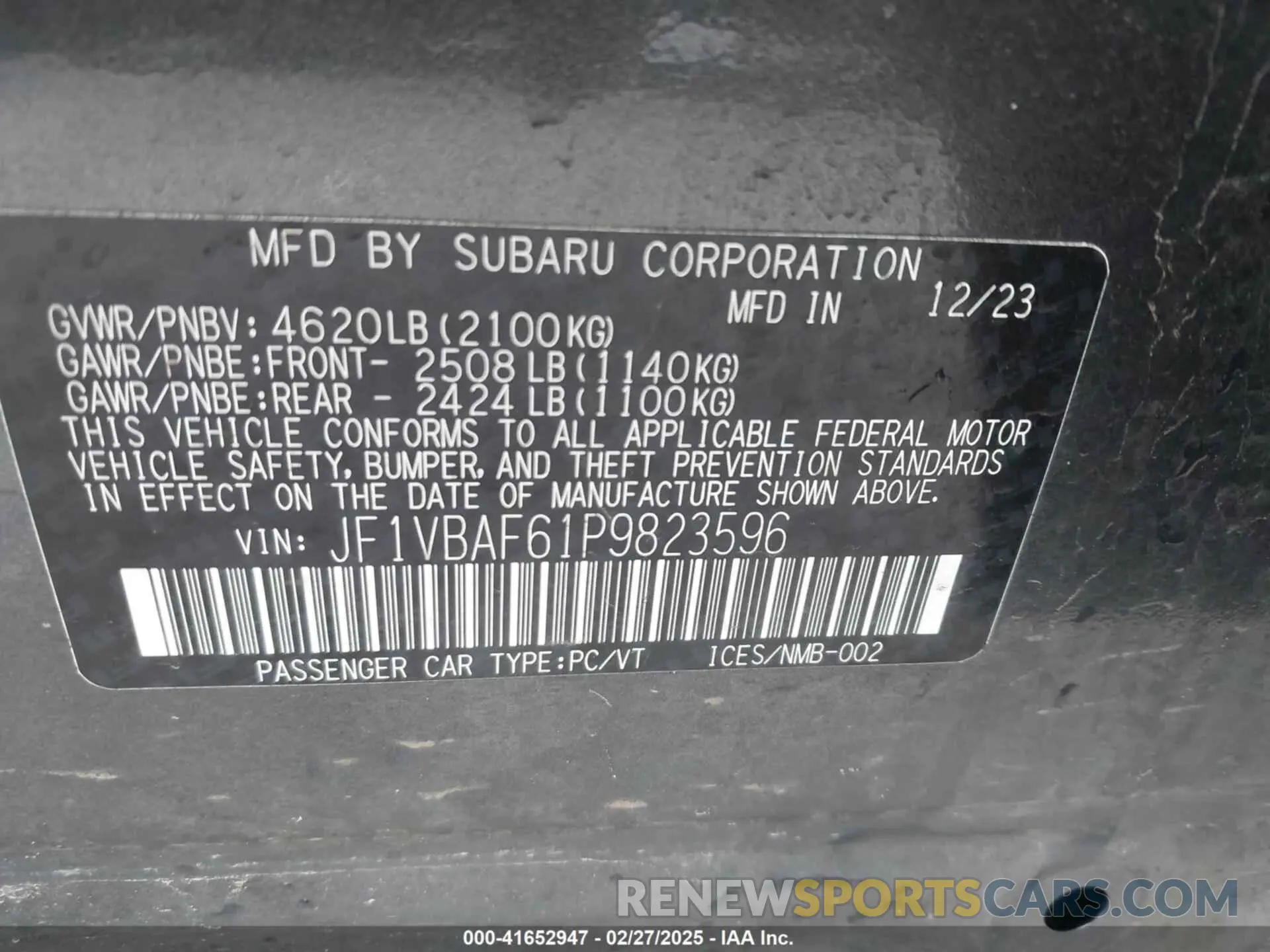 9 fotografías del automóvil dañado JF1VBAF61P9823596 SUBARU WRX 2023