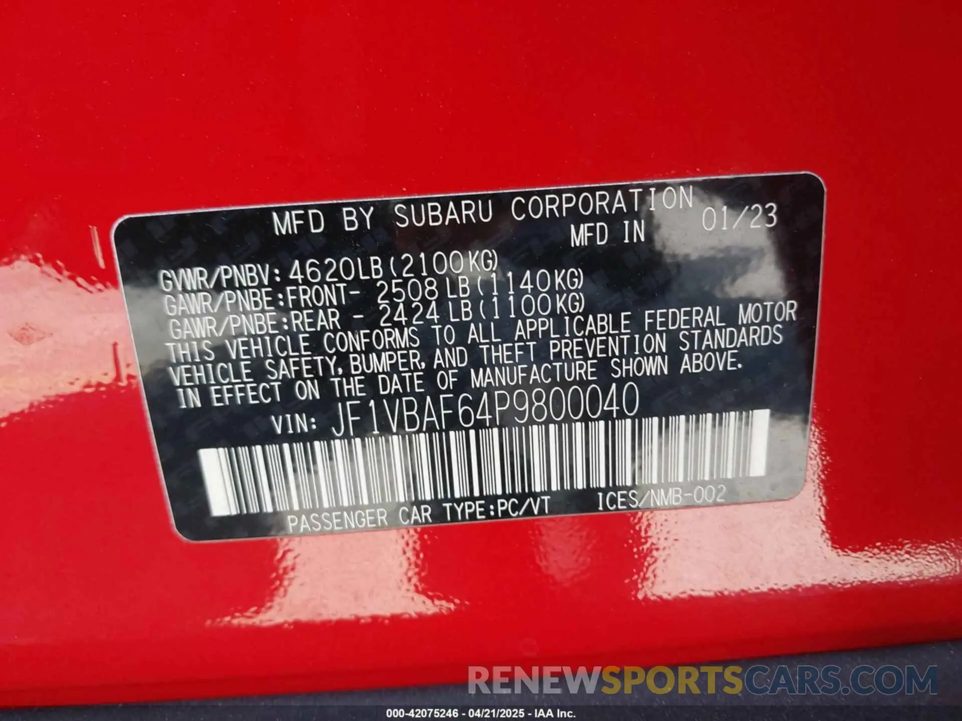 9 fotografías del automóvil dañado JF1VBAF64P9800040 SUBARU WRX 2023