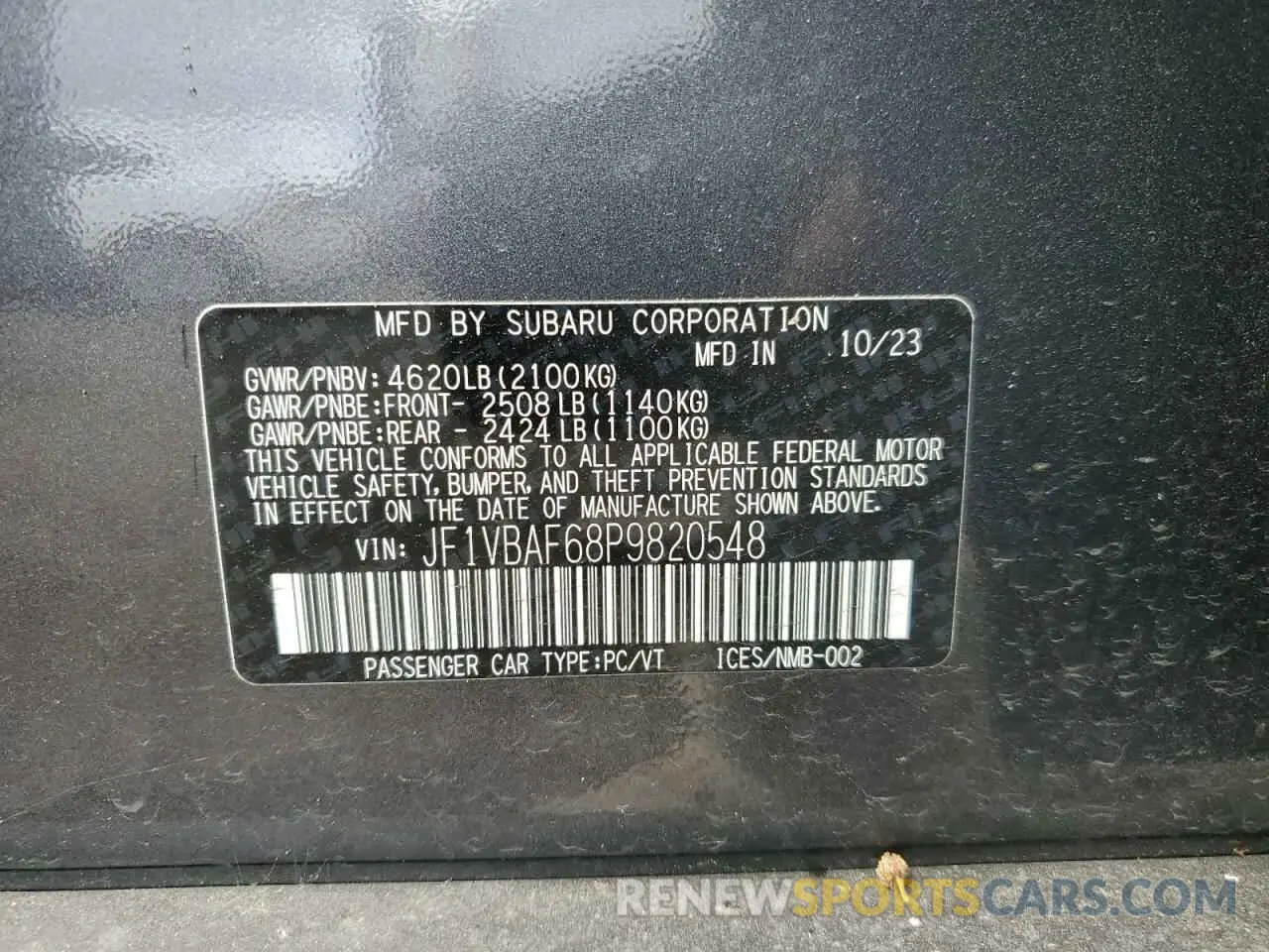 12 fotografías del automóvil dañado JF1VBAF68P9820548 SUBARU WRX 2023